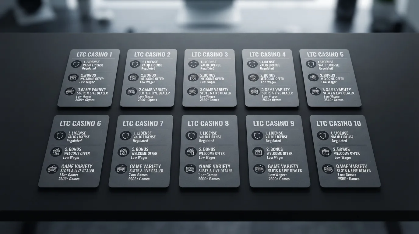 Vergleichsgrafik: zehn LTC-Casinos mit Lizenz, Bonus und Spielangebot im Überblick