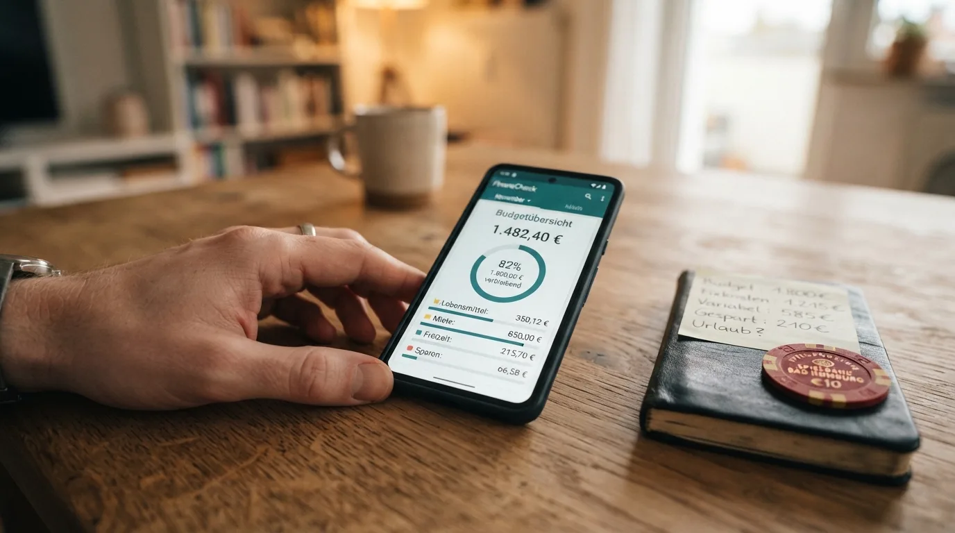 Symbolbild Budgetkontrolle mit Smartphone, Spielkarte und Limit-Anzeige