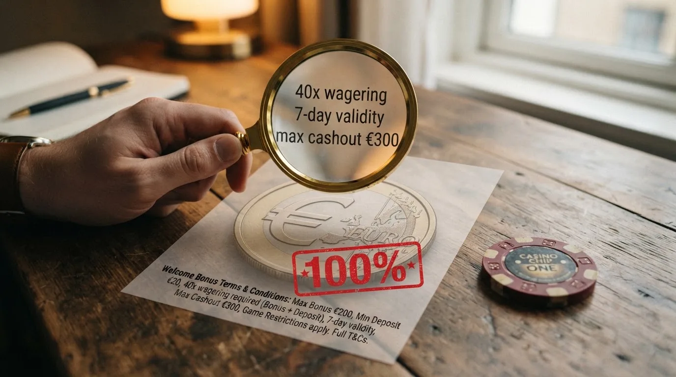 Ein Prozentstempel neben einem gekürzten Fünfzehn-Euro-Schein und kleingedruckten Bonusbedingungen