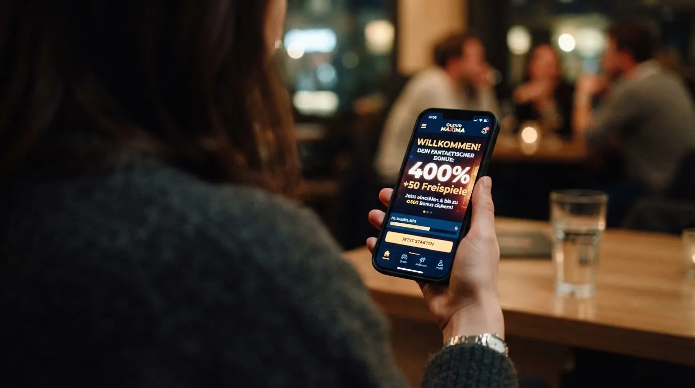 Willkommensbonus-Anzeige mit Prozentzahl und Bedingungen in einer Casino App