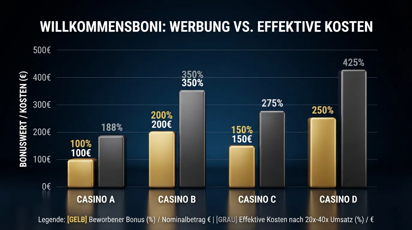 Visueller Vergleich: Bonus-Prozentsatz vs. reale Kosten nach Umsatzbedingungen als Balkendiagramm