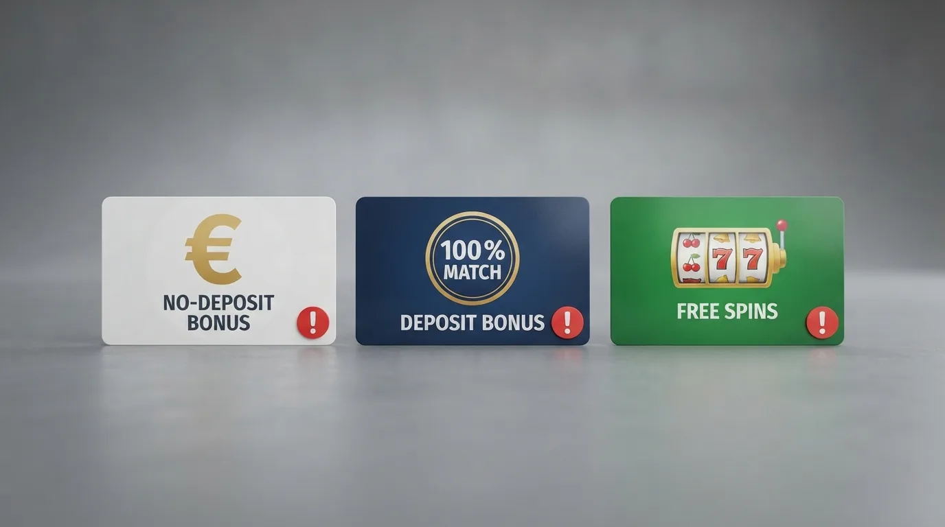 Drei Bonus-Karten nebeneinander: No-Deposit, Match-Bonus und Freispiele — mit hervorgehobenen Umsatzbedingungen als Warnhinweis