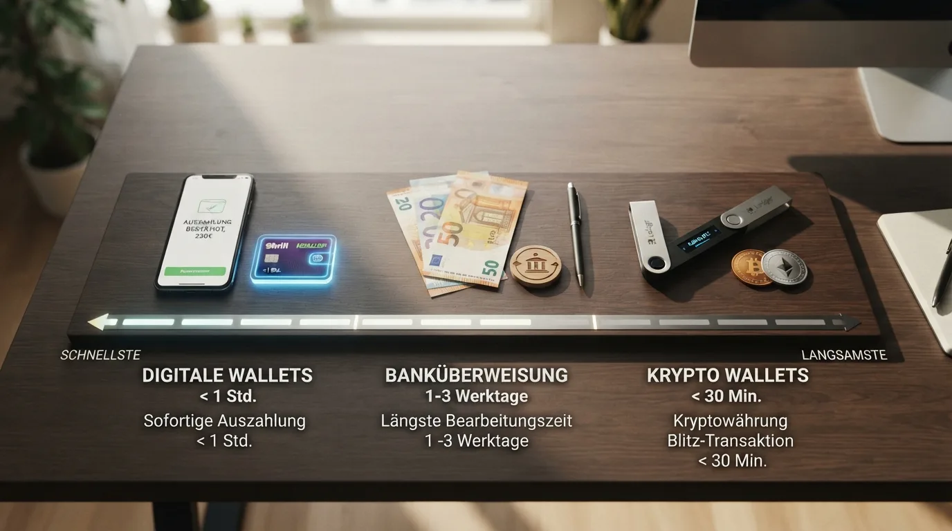 Visuelle Zeitleiste mit Zahlungsmethoden-Symbolen sortiert nach Auszahlungsgeschwindigkeit