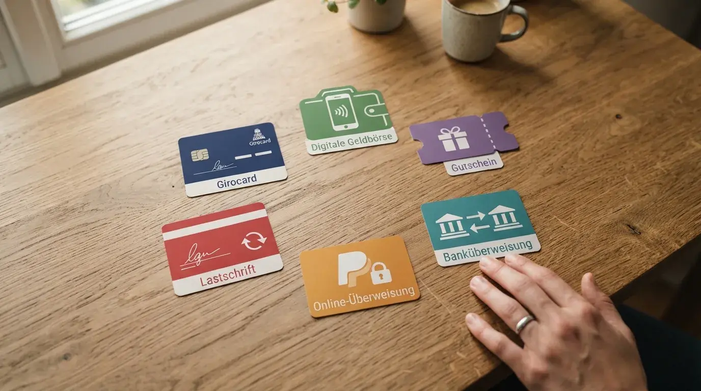 Die sechs GGL-genehmigten Zahlungsmethoden als Icons — PayPal, Trustly, Klarna, paysafecard, Visa, SEPA