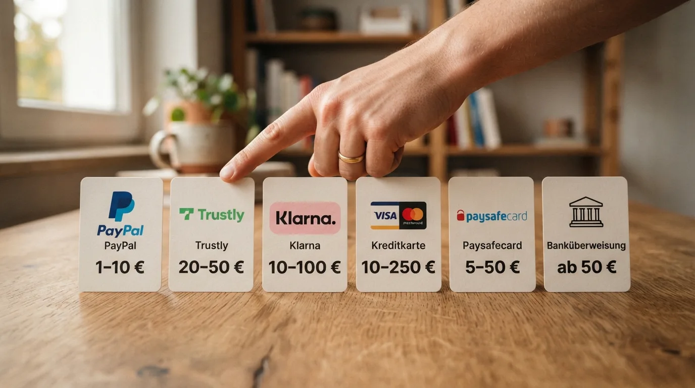 Sechs Zahlungsmethoden mit ihren typischen Mindesteinzahlungsspannen von 1 bis 20 Euro